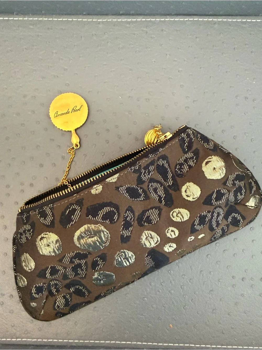Amanda Pearl Gold & Black Leopard Print Zip Clutch with Matching Mirror